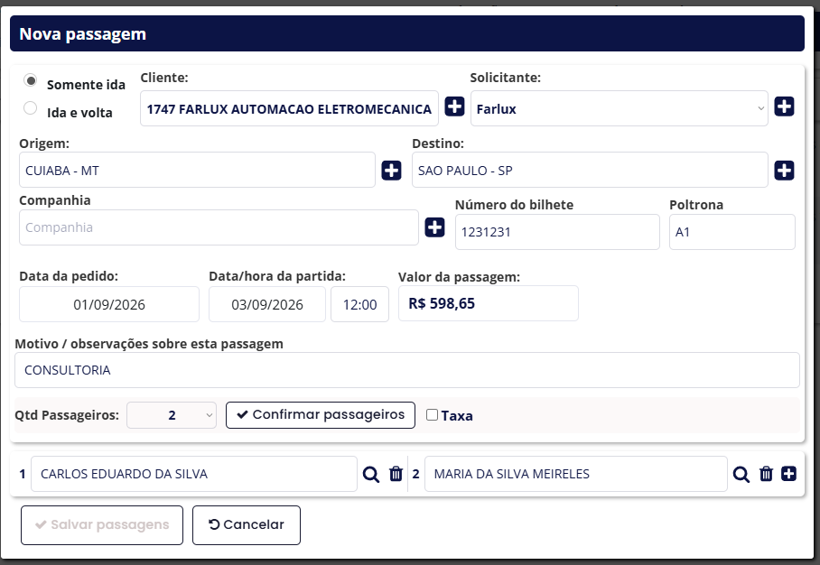 Formulário de nova passagem